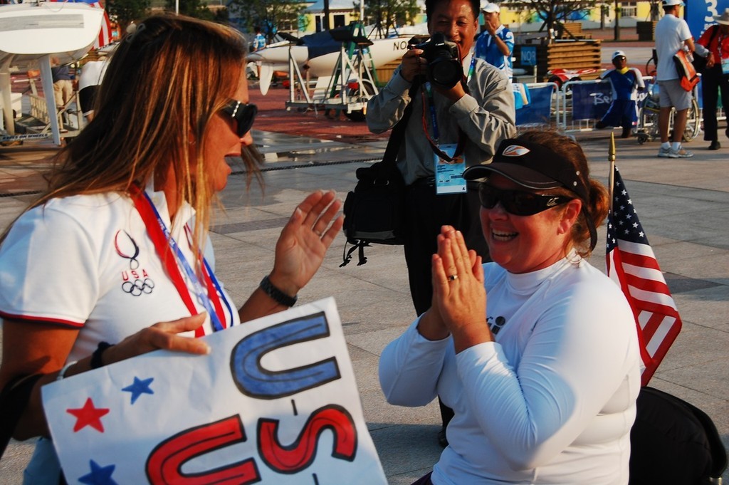 US supporters had an emotional day after Nick Scandone and Maureen Mckinnon-Tucker (right) won the Gold Medal for the USA in the SKUD 19 class at the 2008 Paralympics    © Dan Tucker http://sailchallengeinspire.org/